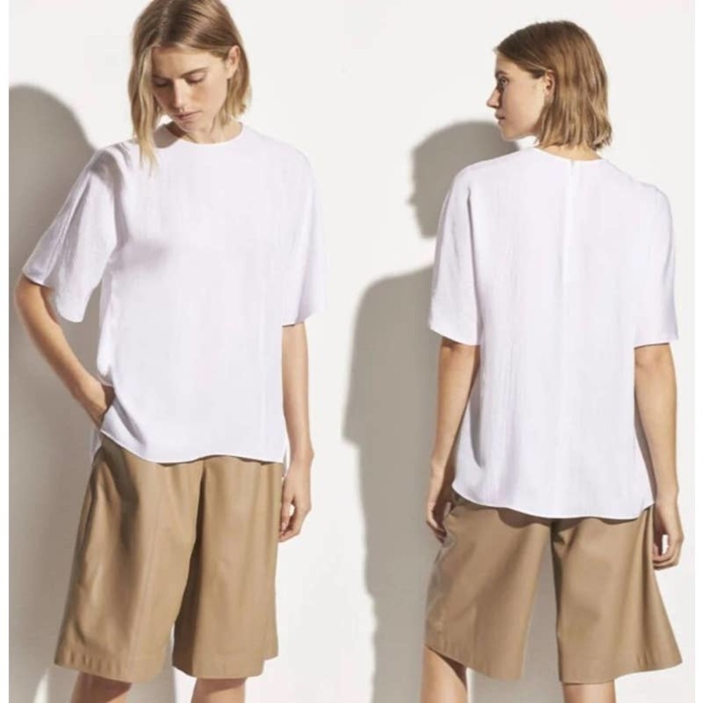 VINCE White Crinkled Drape Twill Relaxed-Fit Short Sleeve T-Shirt XXS NWT $265